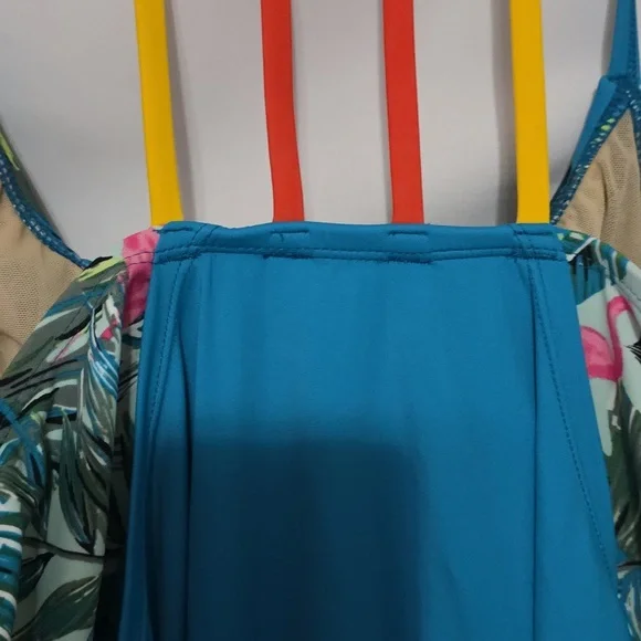 SWIM By Cacique Women's Swim TOP Bra W/Tank Overshirt Aqua Tropical Sz 28 EUC - Picture 9 of 14